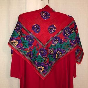 Italian Red Green Yellow Purple Pink Floral Square Scarf with raw fringed edges